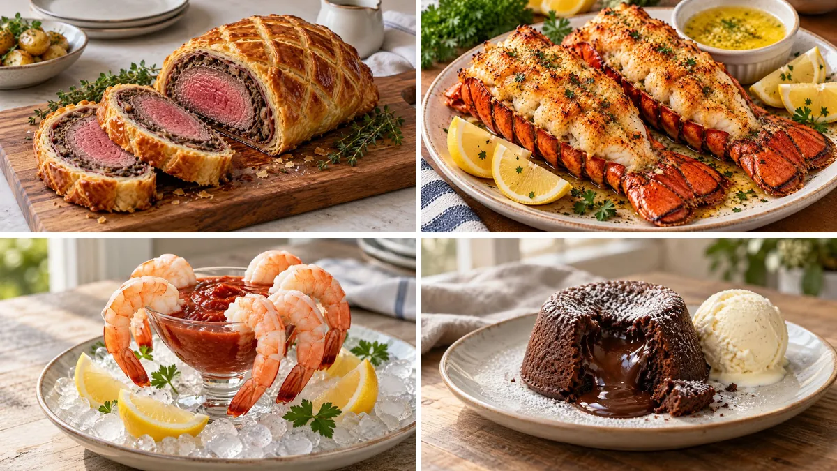Collage of New Year's Eve dishes: beef Wellington, broiled lobster tails, shrimp cocktail and chocolate lava cakes