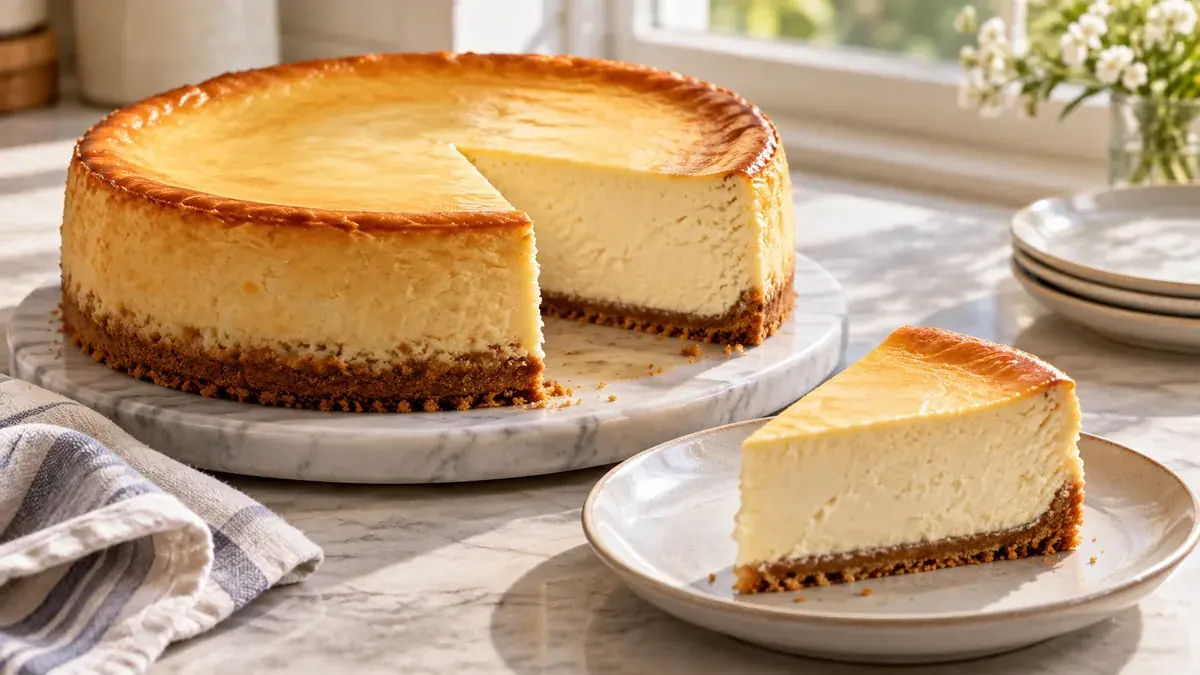 New York cheesecake with a graham crust, one slice plated