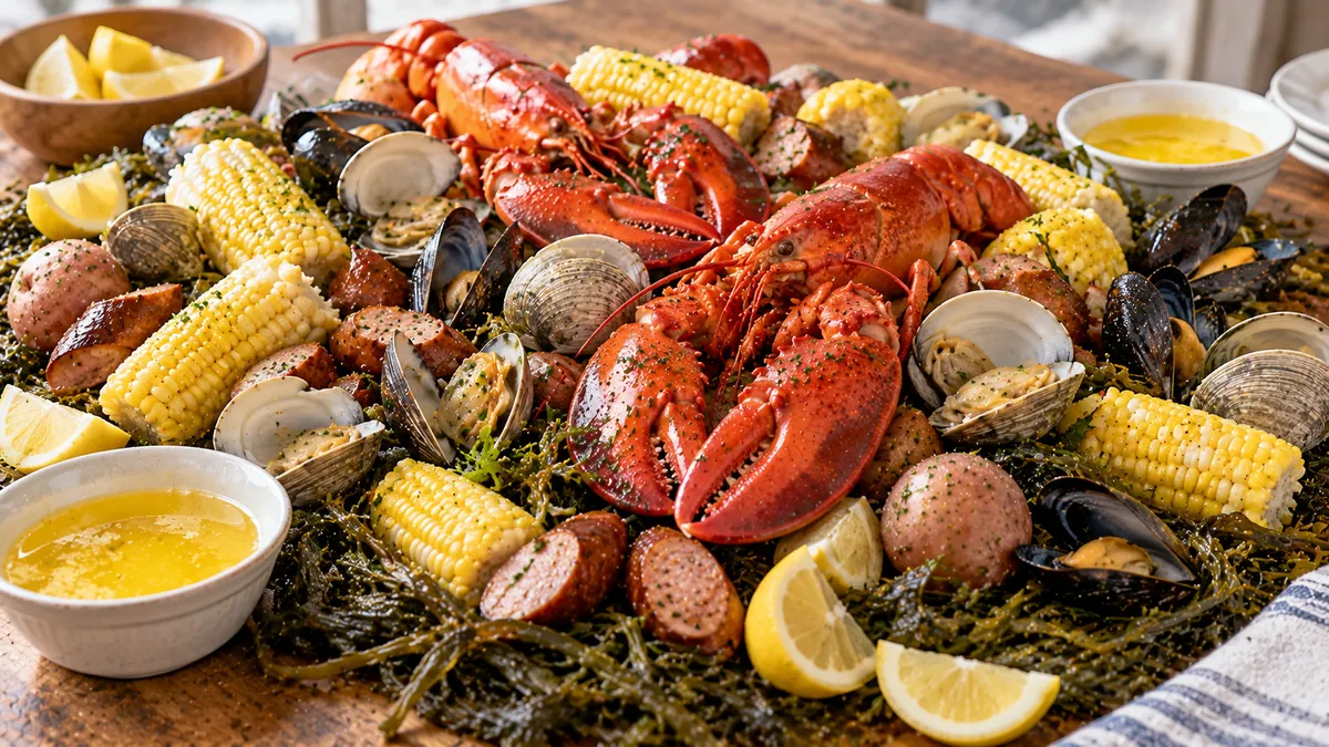 New England clambake spread with lobsters, clams, mussels, corn, potatoes and sausage