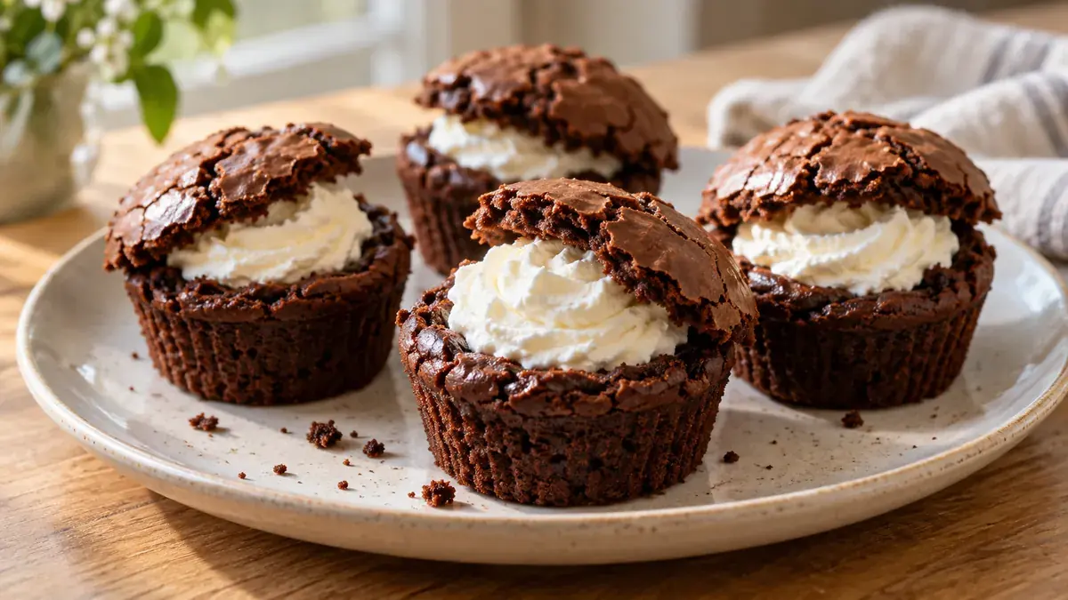 Brownie cupcakes with tops lifted to show a whipped cream filling