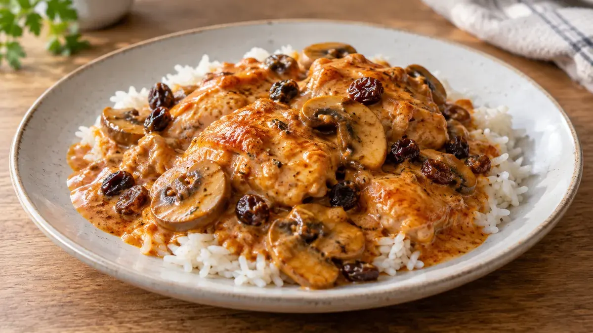 Norwegian paprika chicken with mushrooms and raisins in a creamy sauce over white rice