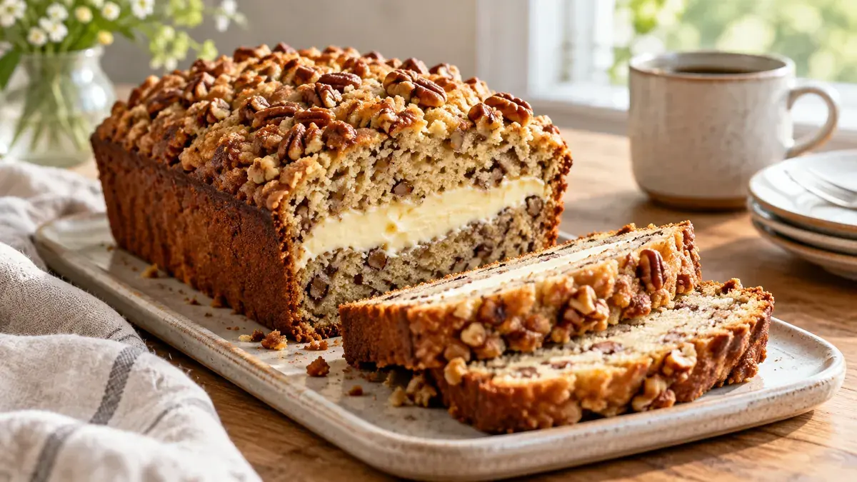 Nut bread coffee cake sliced to show a sweet cream cheese layer
