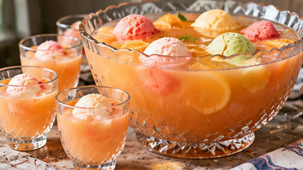 Punch bowl of champagne punch with sherbet and filled glasses