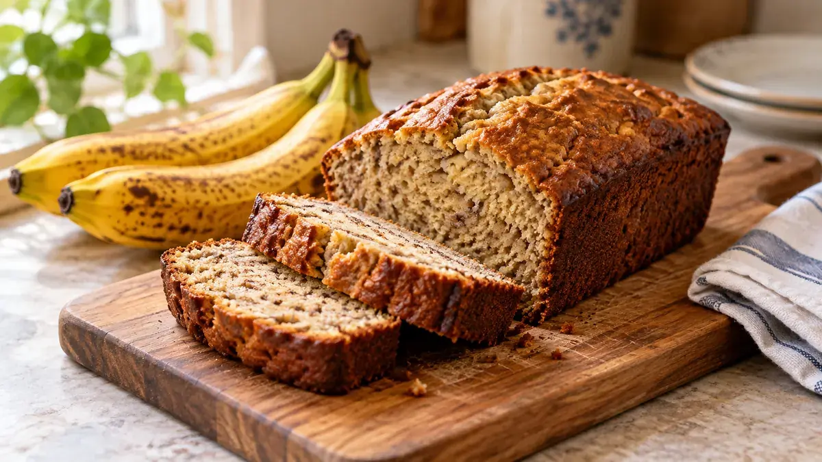 Banana bread loaf partly sliced on a wooden board with ripe bananas