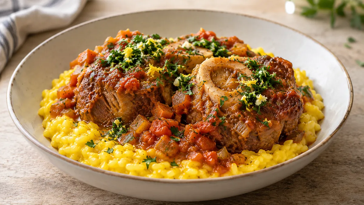 Braised veal shank with marrow bone in tomato sauce, topped with gremolata, over saffron risotto