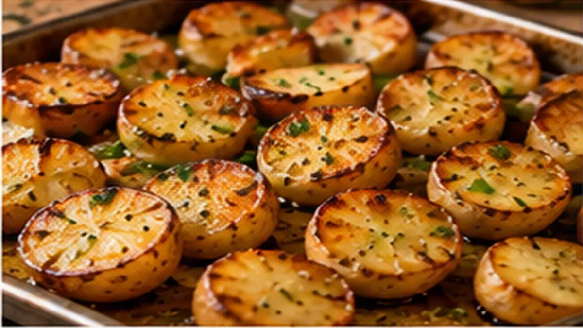Oven-browned potato halves with crisp golden tops on a sheet pan