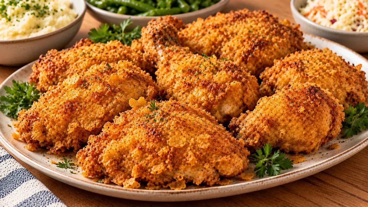 Platter of crisp golden oven-fried chicken pieces with a corn flake crust