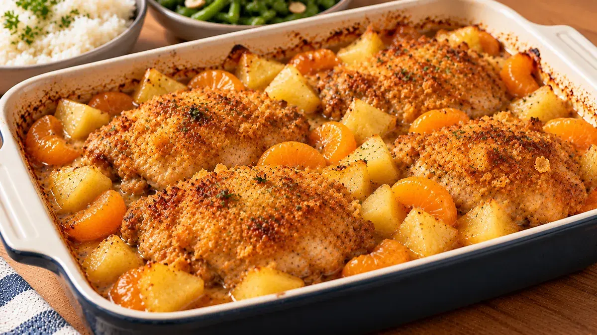 Oven-fried Hawaiian chicken baked with pineapple chunks and mandarin oranges