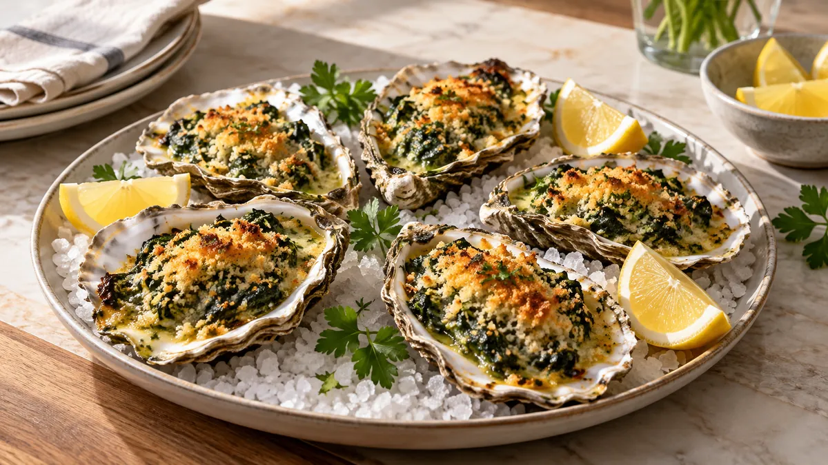 Baked oysters Rockefeller with green herb topping and golden crumbs on rock salt with lemon