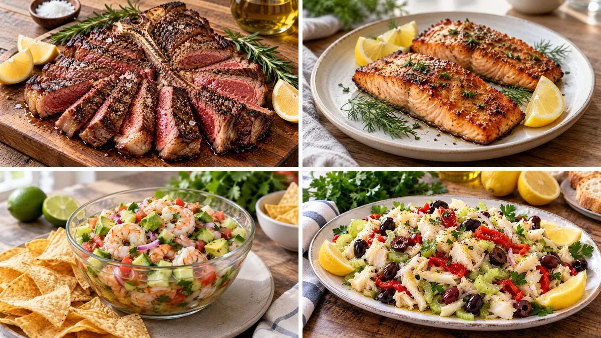 Collage of four Paleo-Friendly Recipes: Bistecca alla Fiorentina (Florentine Porterhouse), Air Fryer Salmon, Shrimp Ceviche and Baccala Salad (Salt Cod Salad)