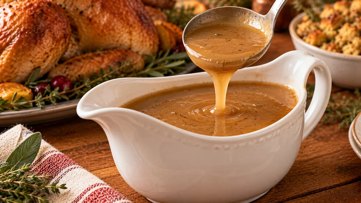 Gravy boat of smooth turkey pan gravy