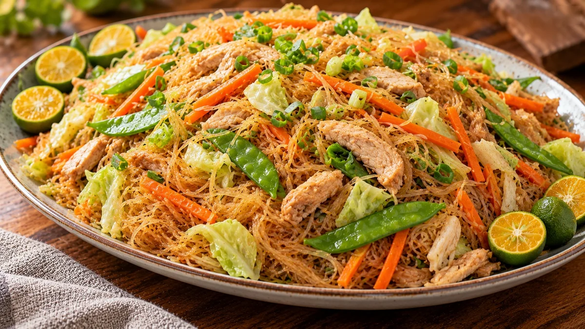 Pancit bihon rice noodles with chicken, cabbage, carrots and lemon