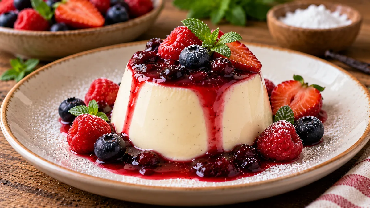 Unmolded vanilla panna cotta topped with red berry sauce and fresh berries