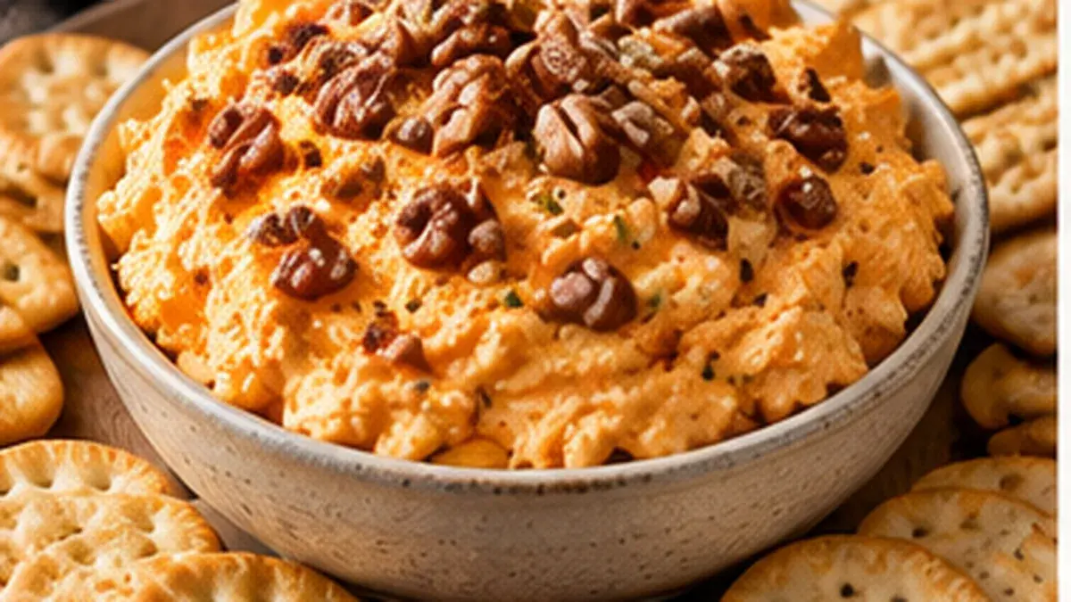 Bowl of orange cheese spread topped with pecans, surrounded by crackers