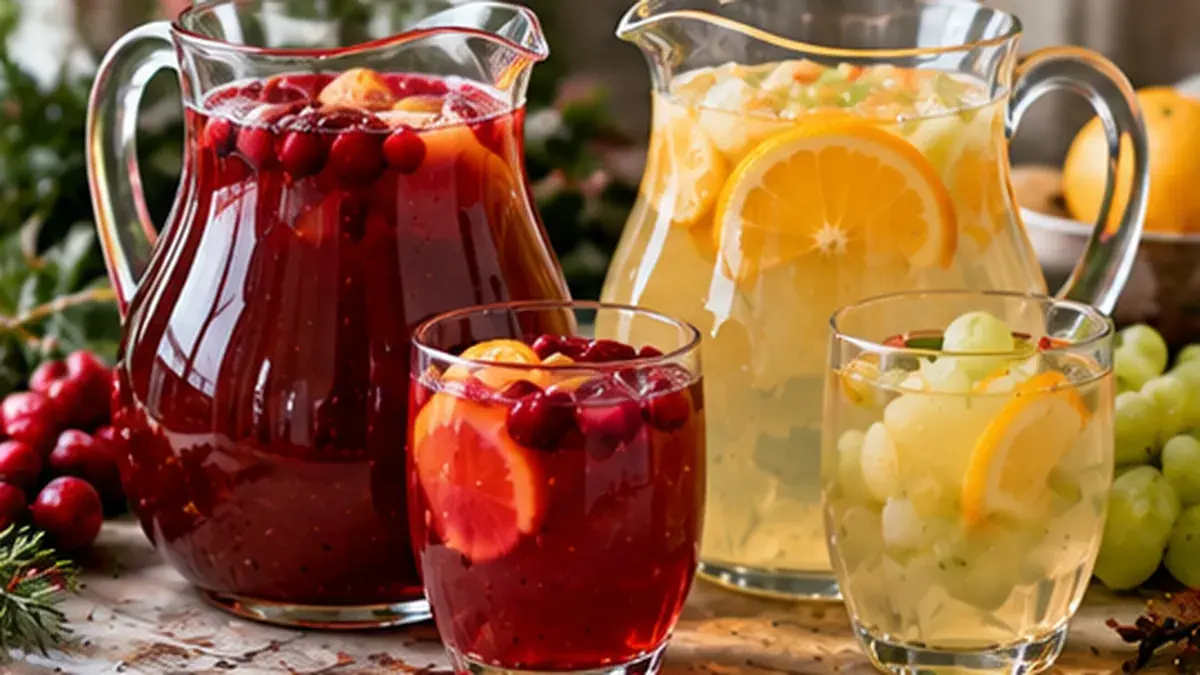 Pitchers of red fruit punch and white grape punch with filled glasses