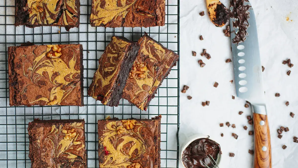 Marbled brownies cooling on a wire rack