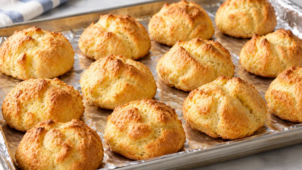 Golden, puffed Passover bulkie rolls on a foil-lined baking sheet