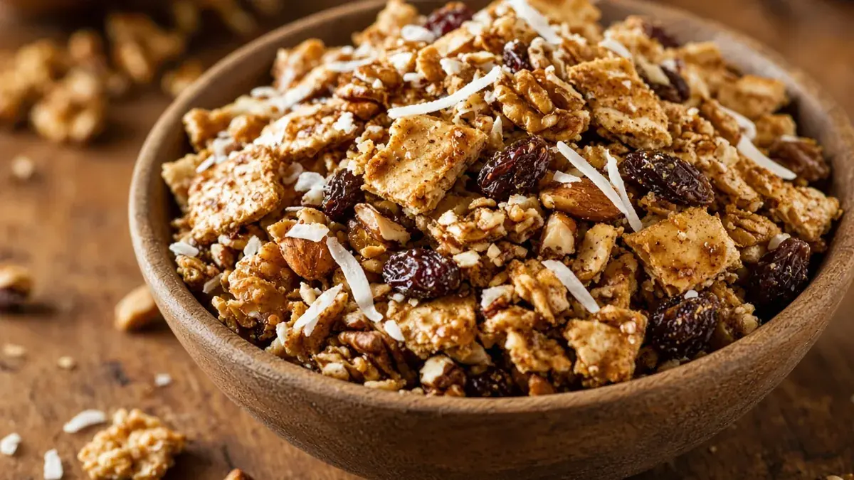 Bowl of Passover granola with nuts, coconut and raisins