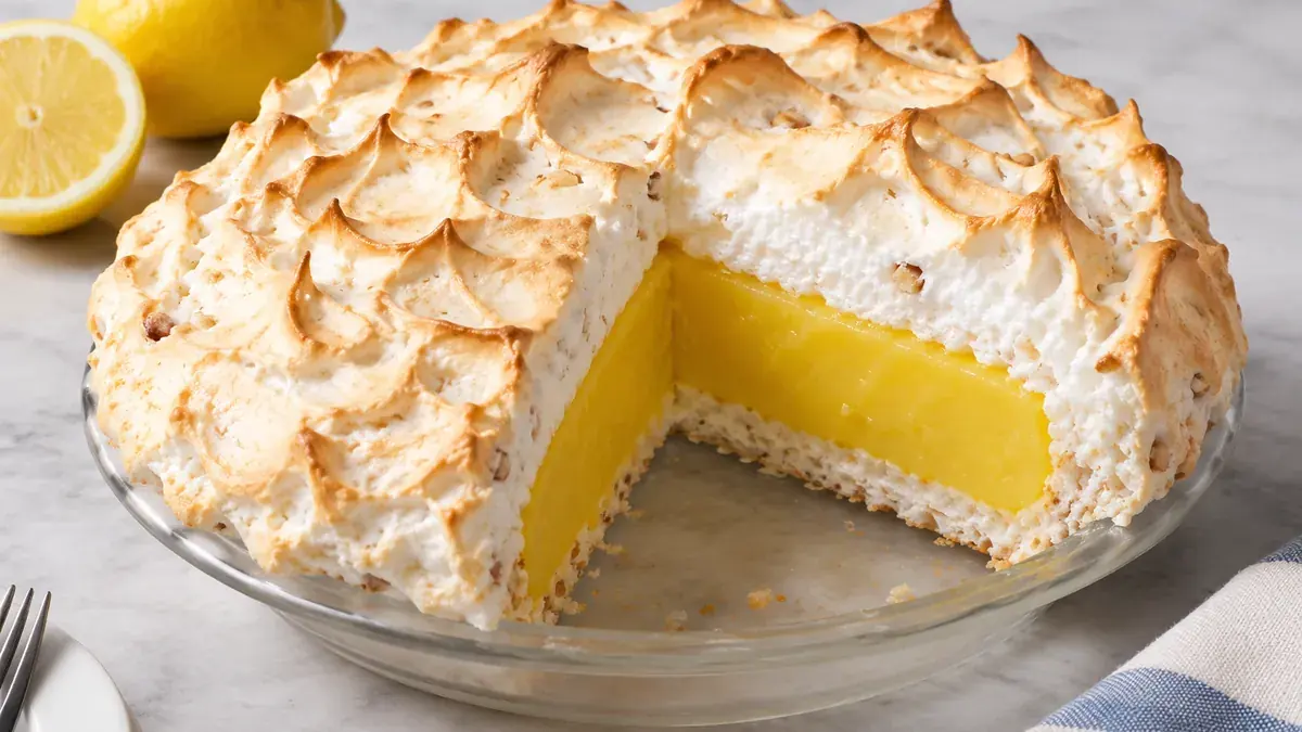 Lemon pie in a baked meringue crust with a slice cut to show the lemon filling