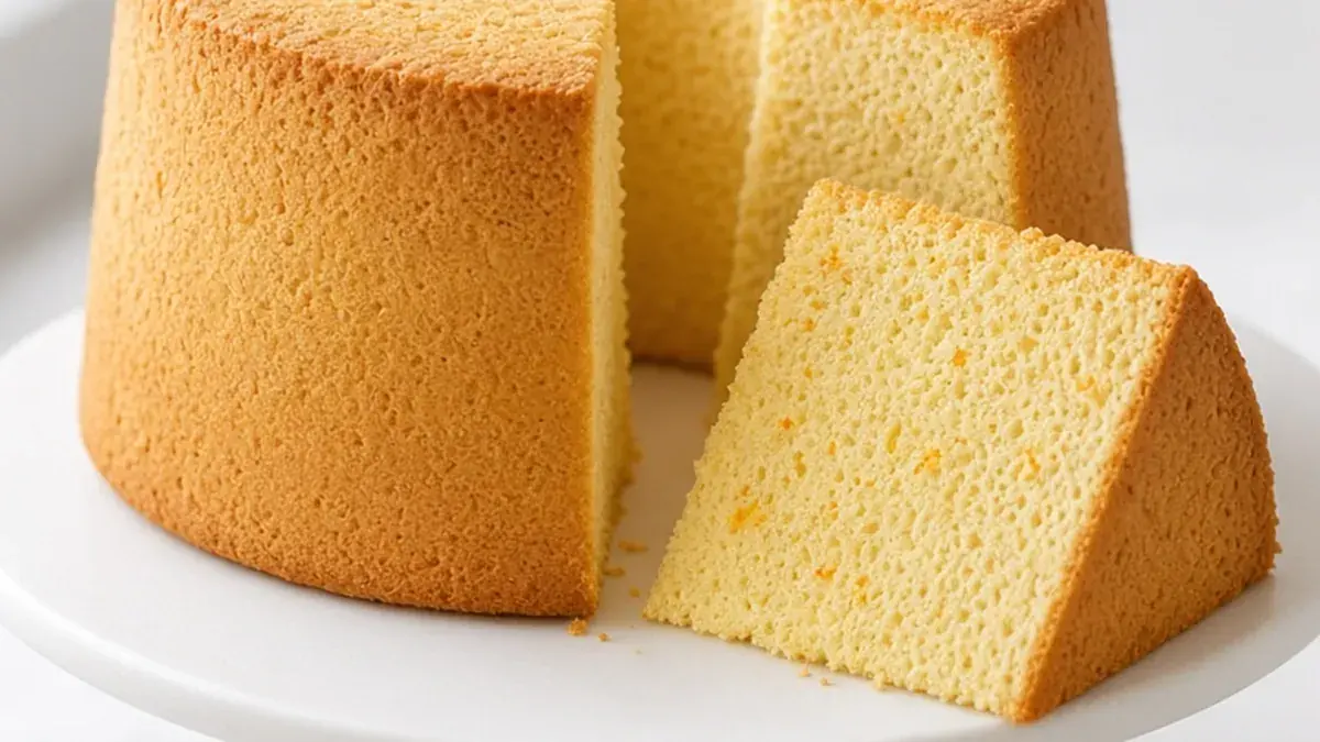 Tall Passover sponge cake baked in a tube pan, with a slice cut