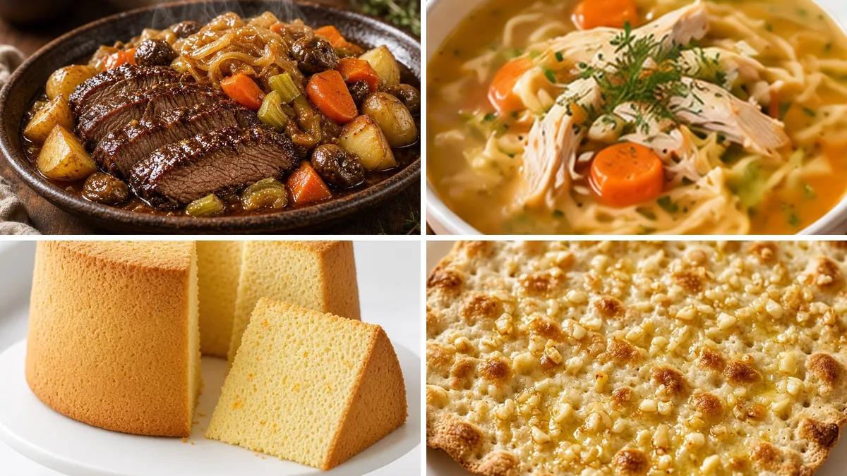 Collage of Passover dishes: brisket, chicken soup, Passover orange sponge cake and garlic matzah