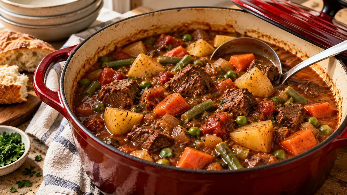 Oven beef stew with carrots, potatoes, peas, green beans and tomatoes in a red pot with a ladle