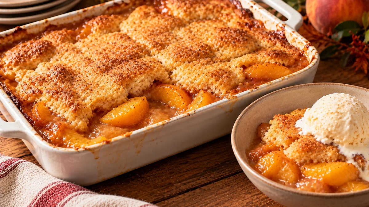 Warm peach cobbler with a scoop of vanilla ice cream