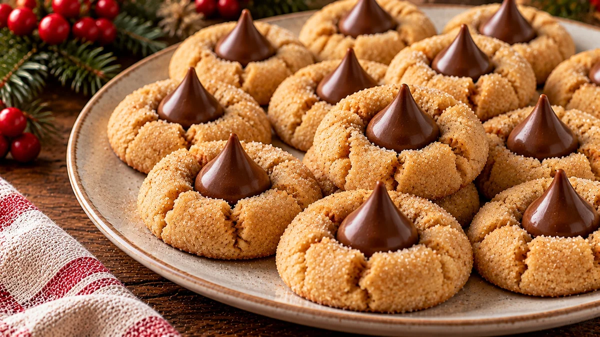 Peanut butter blossom cookies topped with chocolate kisses