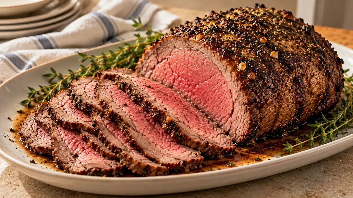 Roast beef with a seasoned crust on a platter, thinly sliced to show a pink center