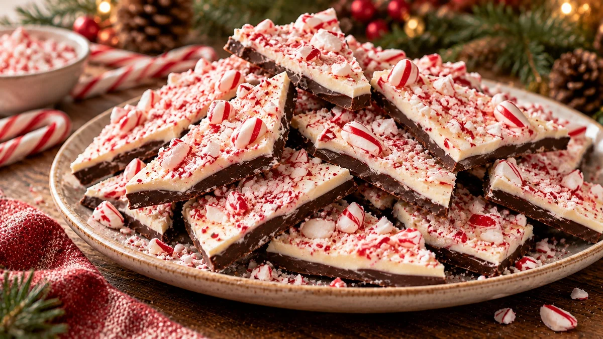 Shards of peppermint bark with crushed candy canes