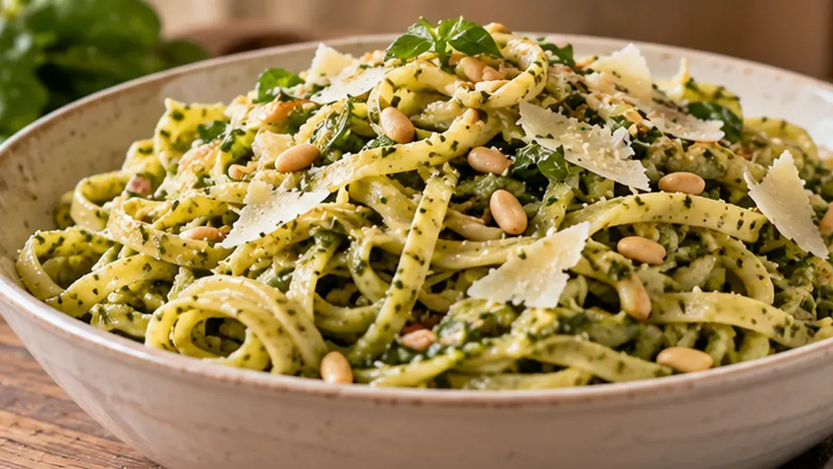 Bowl of pasta tossed in basil pesto with pine nuts and shaved Parmesan