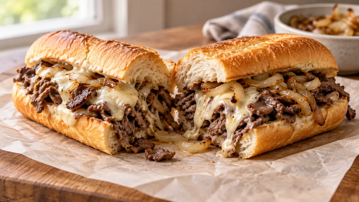 Philly cheesesteak with shaved ribeye, onions and melted provolone in a hoagie roll