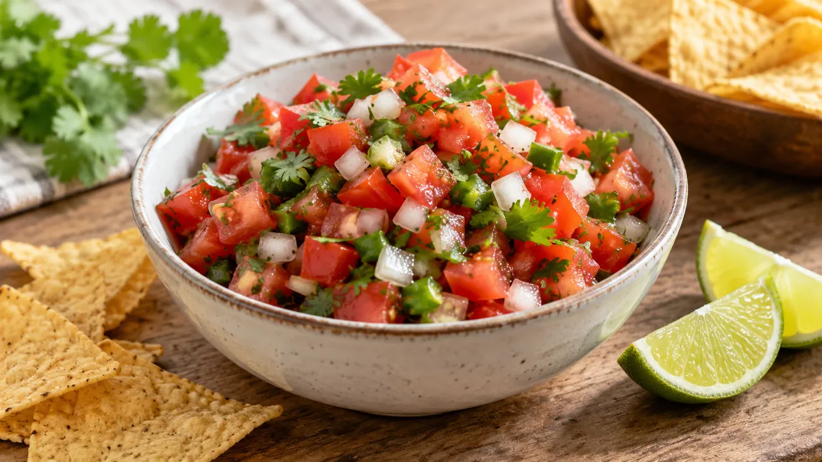 Bowl of fresh pico de gallo with tomatoes, onion, jalapeño and cilantro with lime and chips