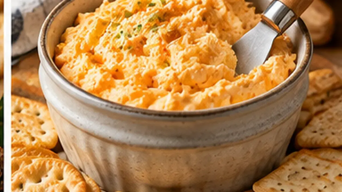 Crock of whipped Cheddar cheese spread with a spreader and crackers