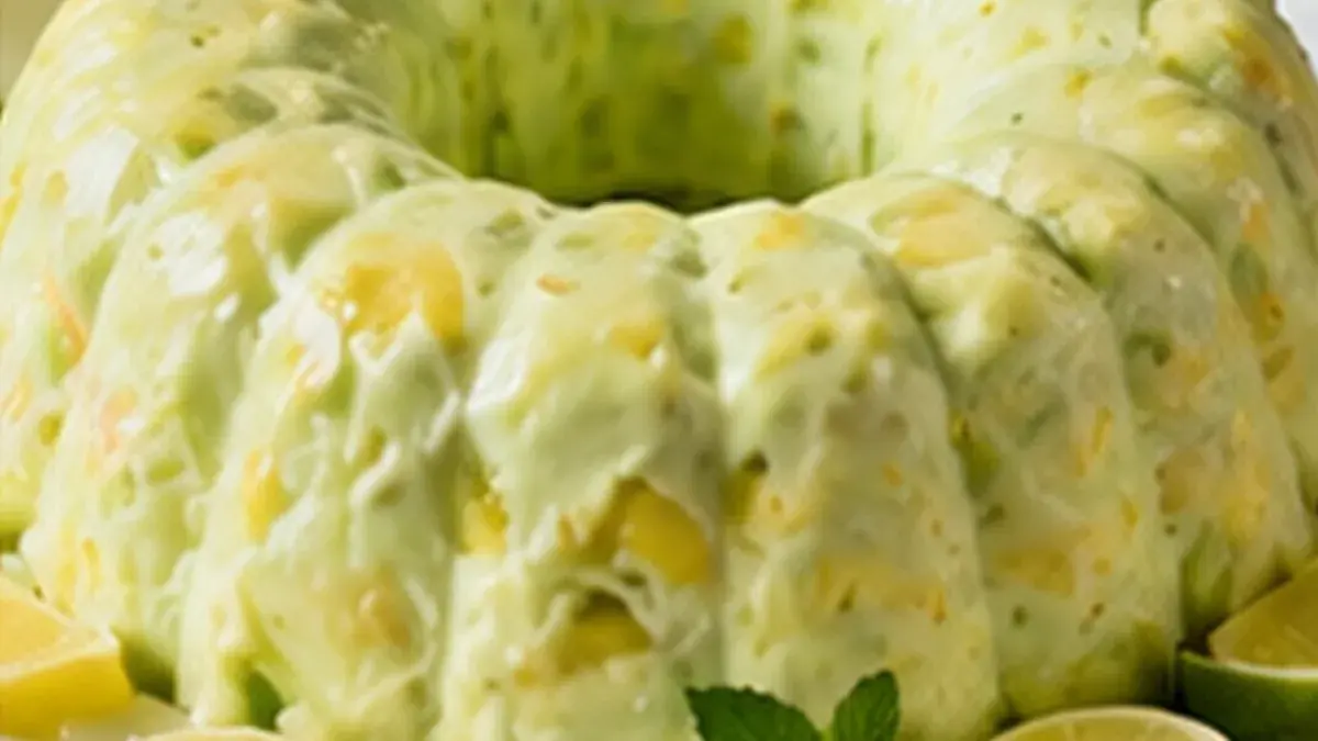 Creamy green pineapple-lime gelatin ring mold on a platter