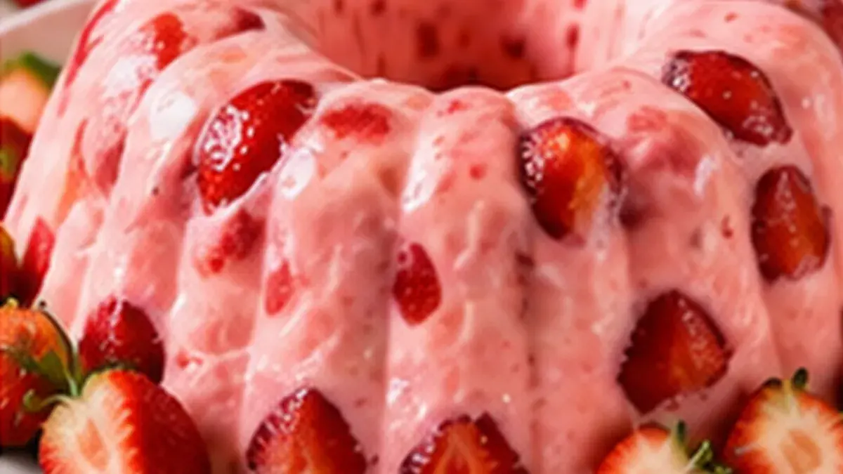 Creamy pink strawberry-pineapple gelatin mold with strawberries