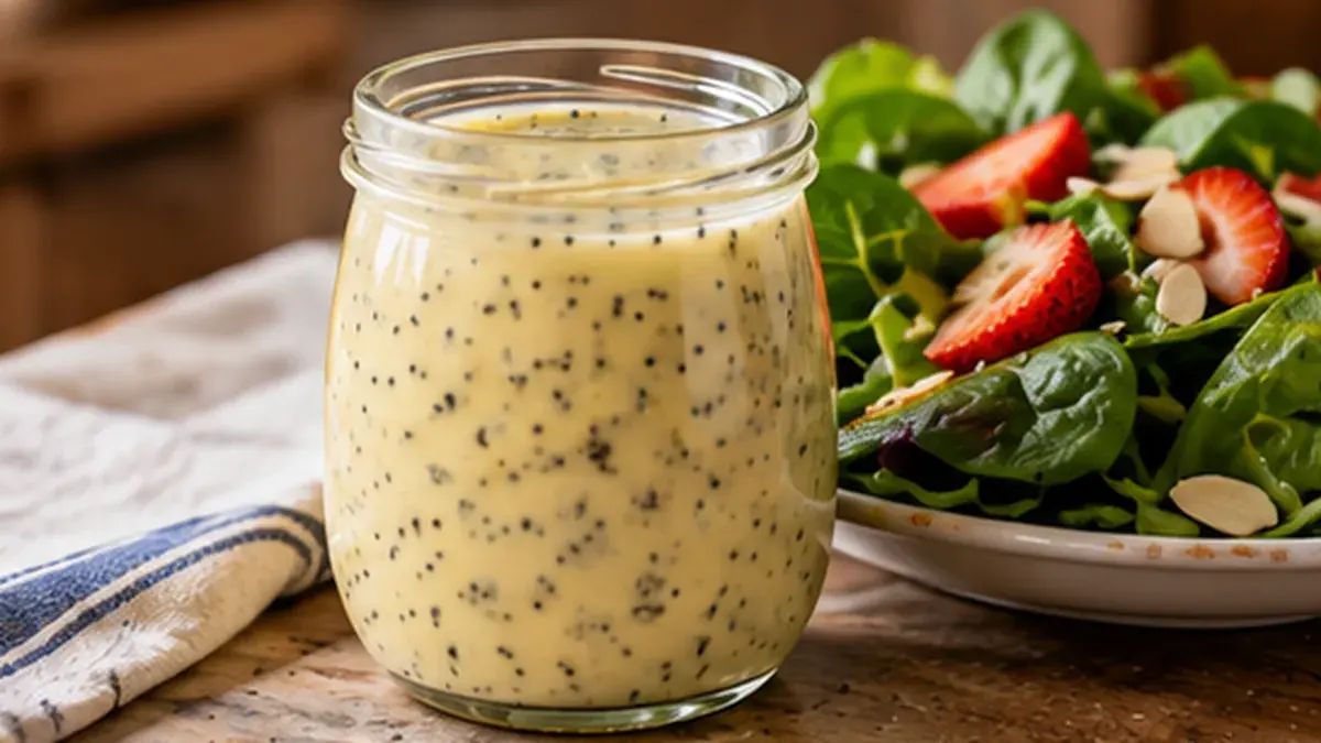 Jar of poppy seed dressing beside a spinach and strawberry salad