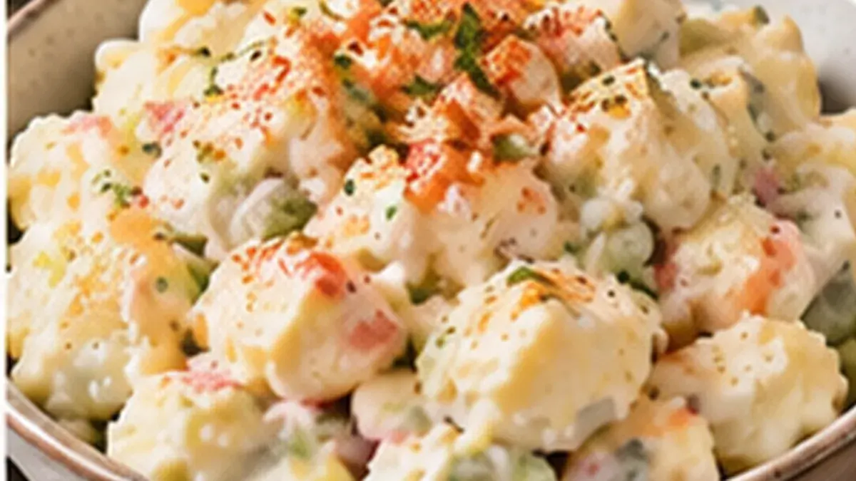 Bowl of creamy potato salad with flecks of carrot and onion
