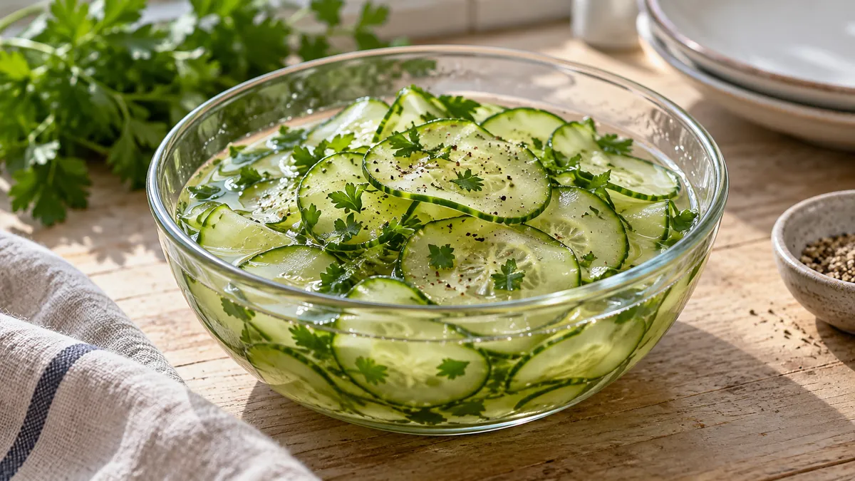 Glass bowl of thinly sliced pickled cucumber with parsley