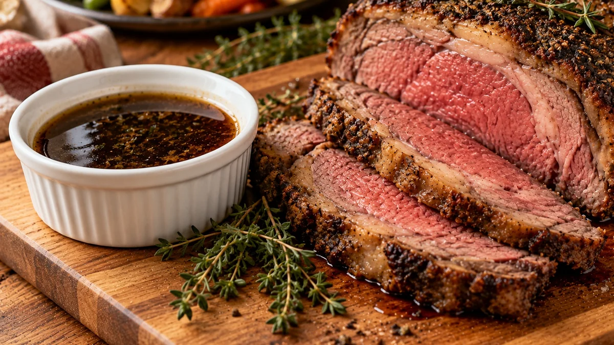 Small bowl of prime rib au jus beside sliced prime rib