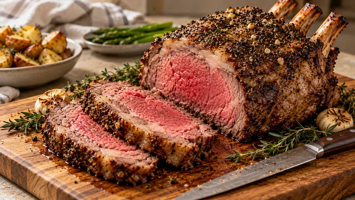 Standing rib roast with a herb and garlic crust on a carving board, sliced to show a rosy medium-rare center