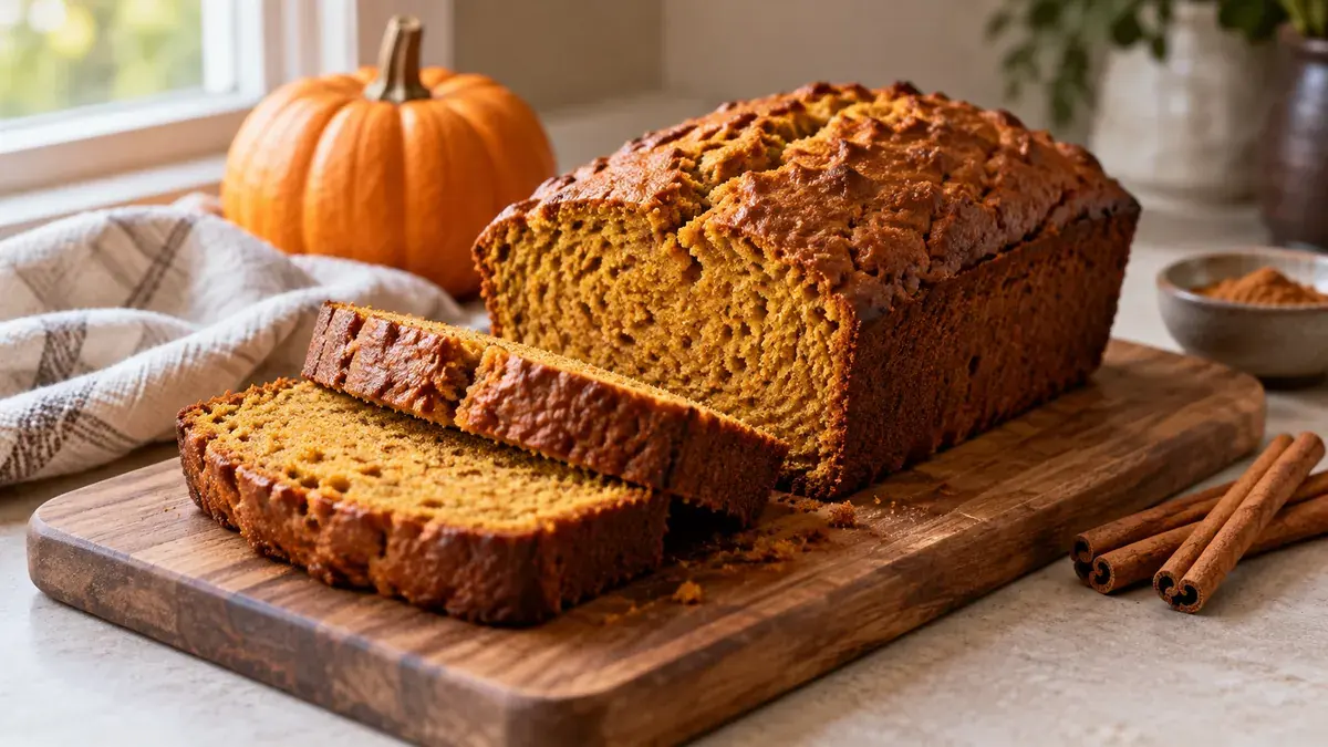 Pumpkin bread loaf partly sliced on a board with a small pumpkin and cinnamon sticks