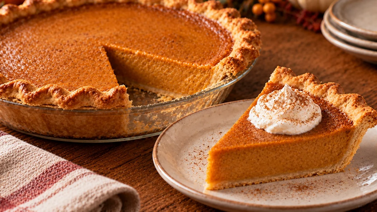 Pumpkin pie with a slice cut and whipped cream