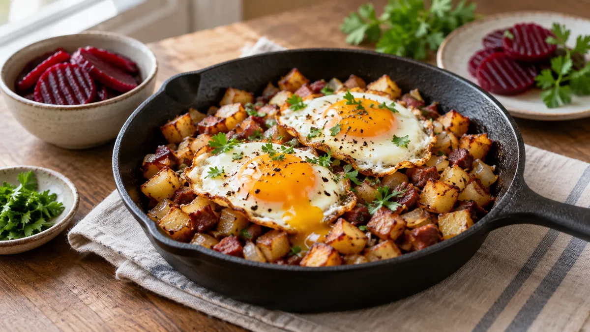 Swedish hash of potatoes, onion and meat in a cast-iron skillet topped with fried eggs, with pickled beets