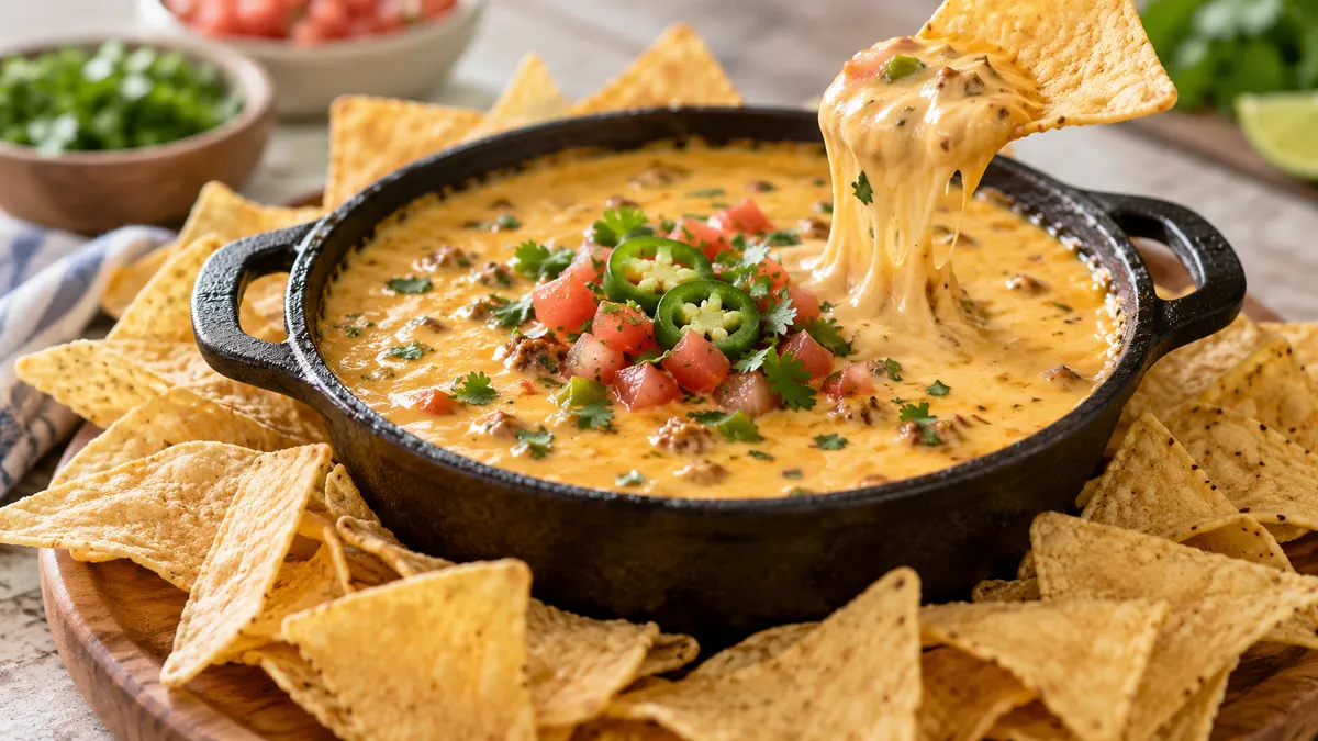 Bowl of warm queso cheese dip with tomatoes, chiles and cilantro, surrounded by tortilla chips