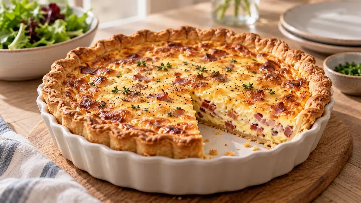 Quiche Lorraine with a slice cut out showing bacon and cheese in the custard