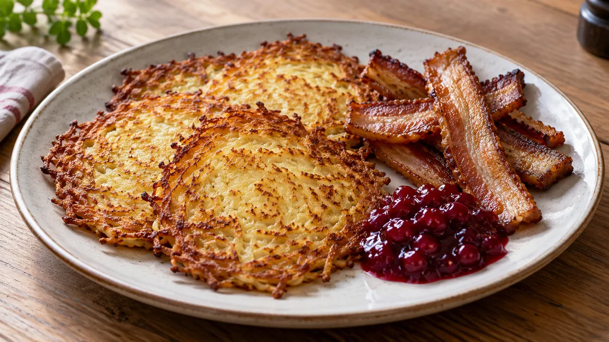 Crisp lacy potato pancakes with fried pork belly and lingonberry jam
