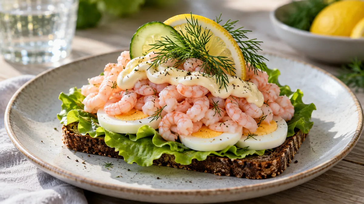 Open-faced shrimp sandwich on dark rye with lettuce, sliced egg, a pile of shrimp, mayonnaise, cucumber and dill