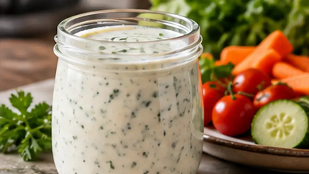 Jar of herb-flecked ranch dressing beside fresh vegetables