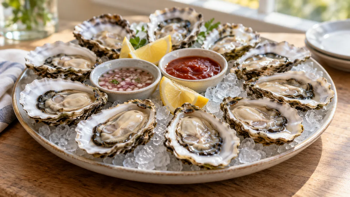 Platter of raw oysters on the half shell over crushed ice with lemon, mignonette and cocktail sauce